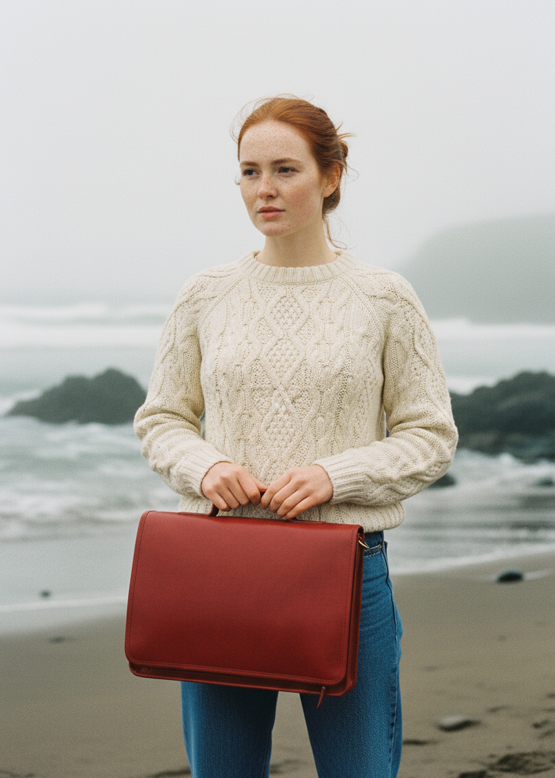 Woman holding a red bag on a beach with a blurred background