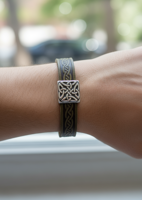 Braden Green Celtic Cuff Leather Bracelet