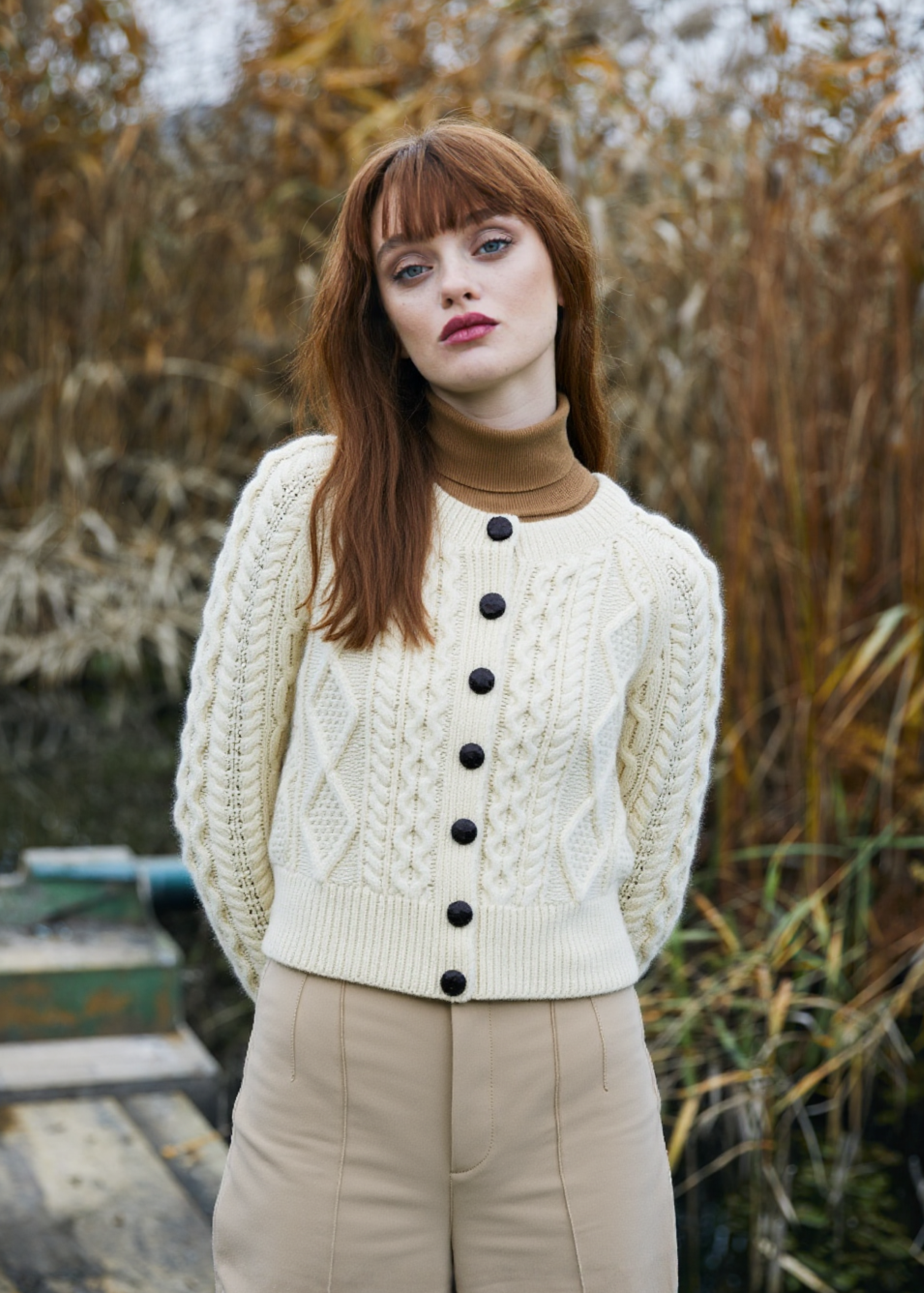 Ladies Cropped Aran Cardigan