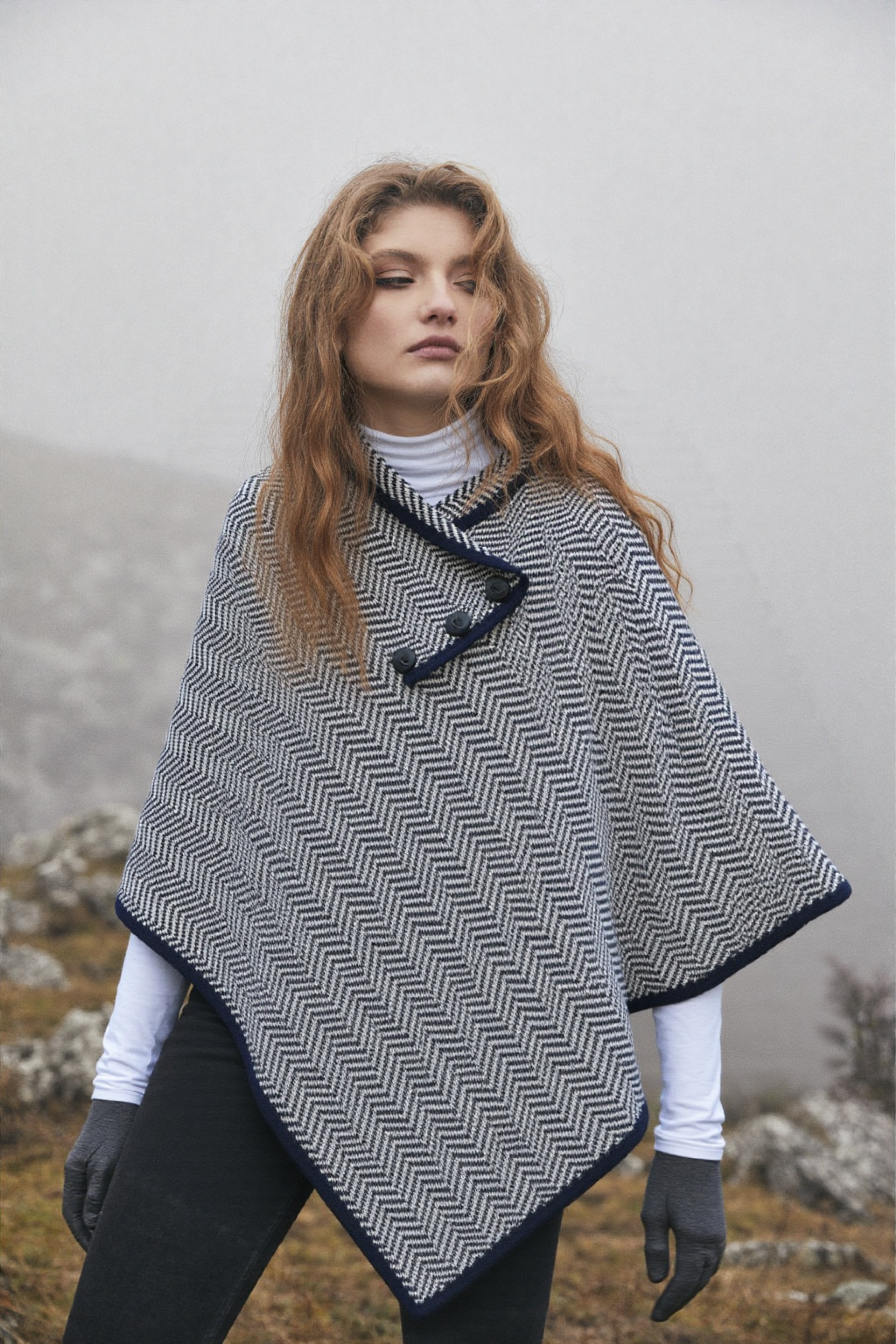 Ladies Herringbone Cape | Navy Grey