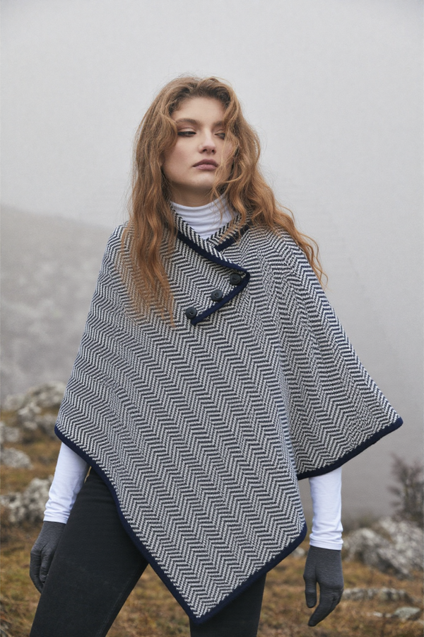 Ladies Herringbone Cape | Navy Grey