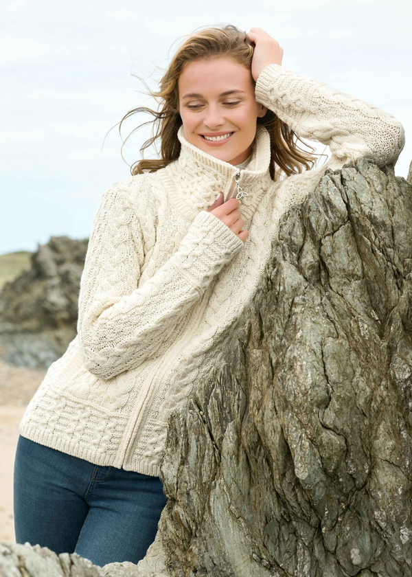 Aran Double Collar Trinity Cardigan | Natural