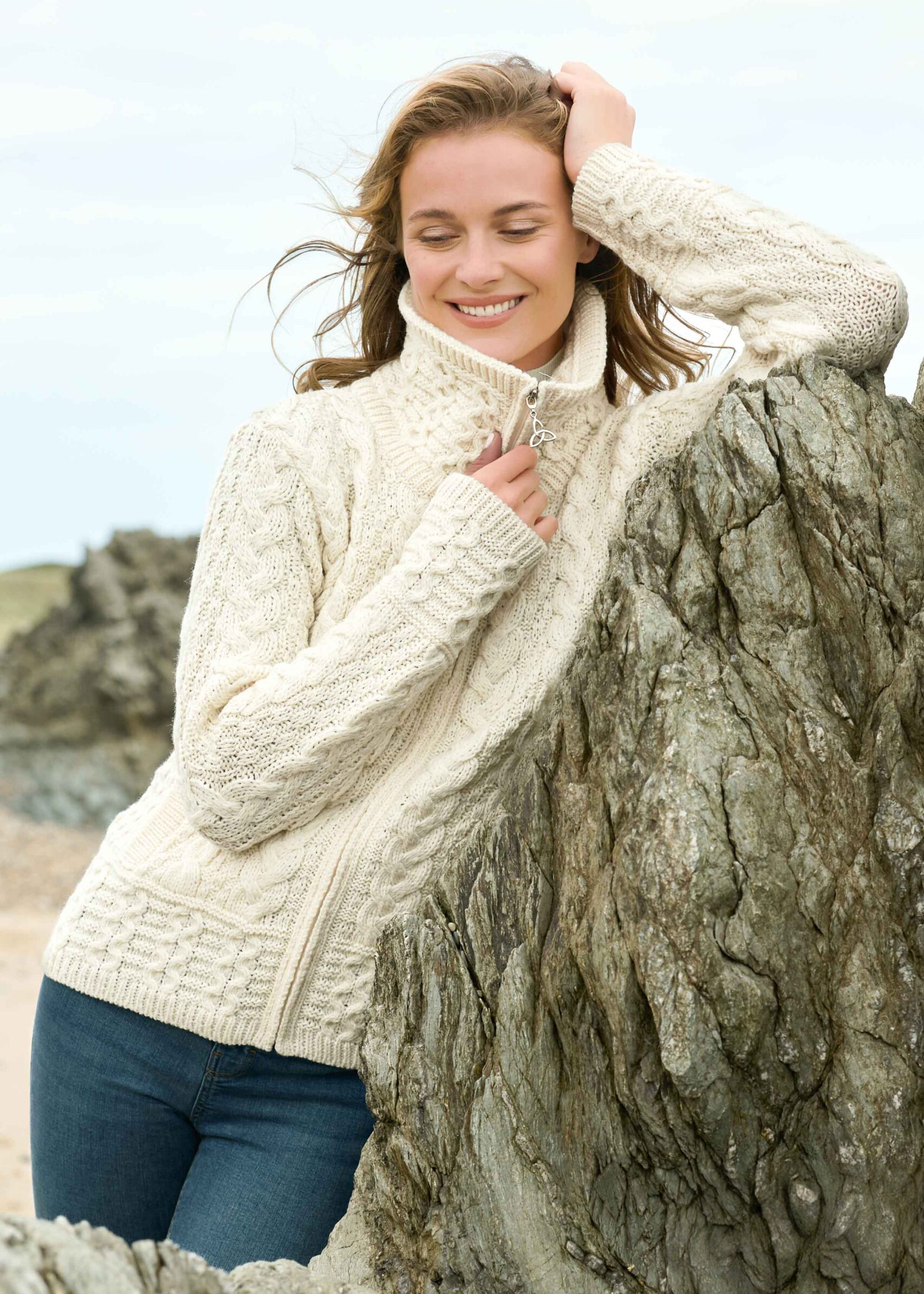 Aran Double Collar Trinity Cardigan | Natural