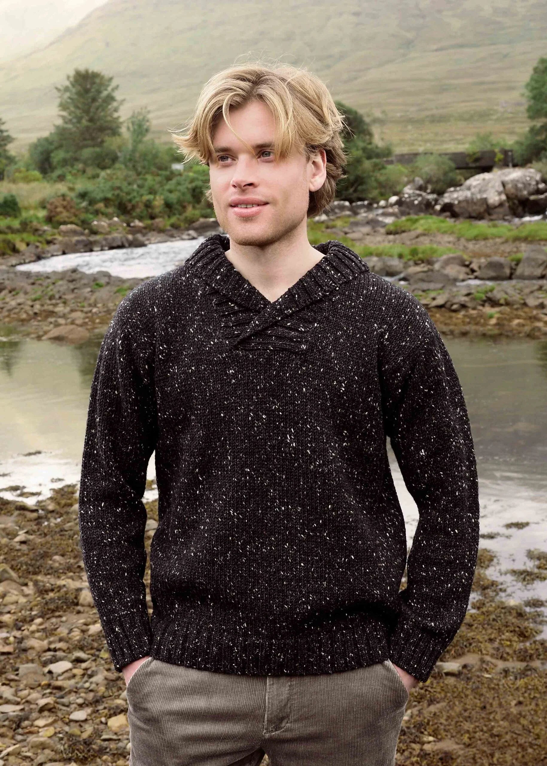 Donegal Wool Shawl Neck Sweater