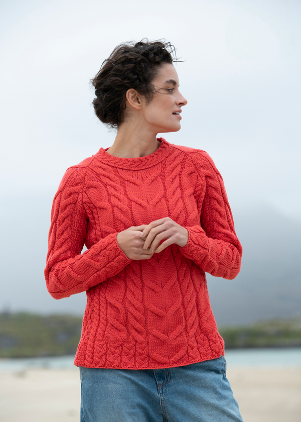 Listowel Ladies Aran Cabled Sweater | Coral