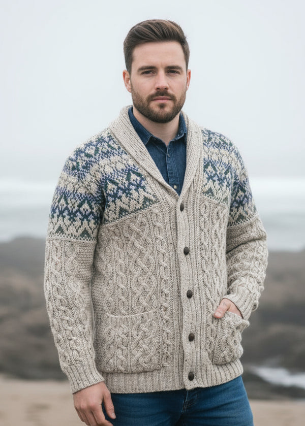 Aran Fairisle Button Cardigan | Oatmeal