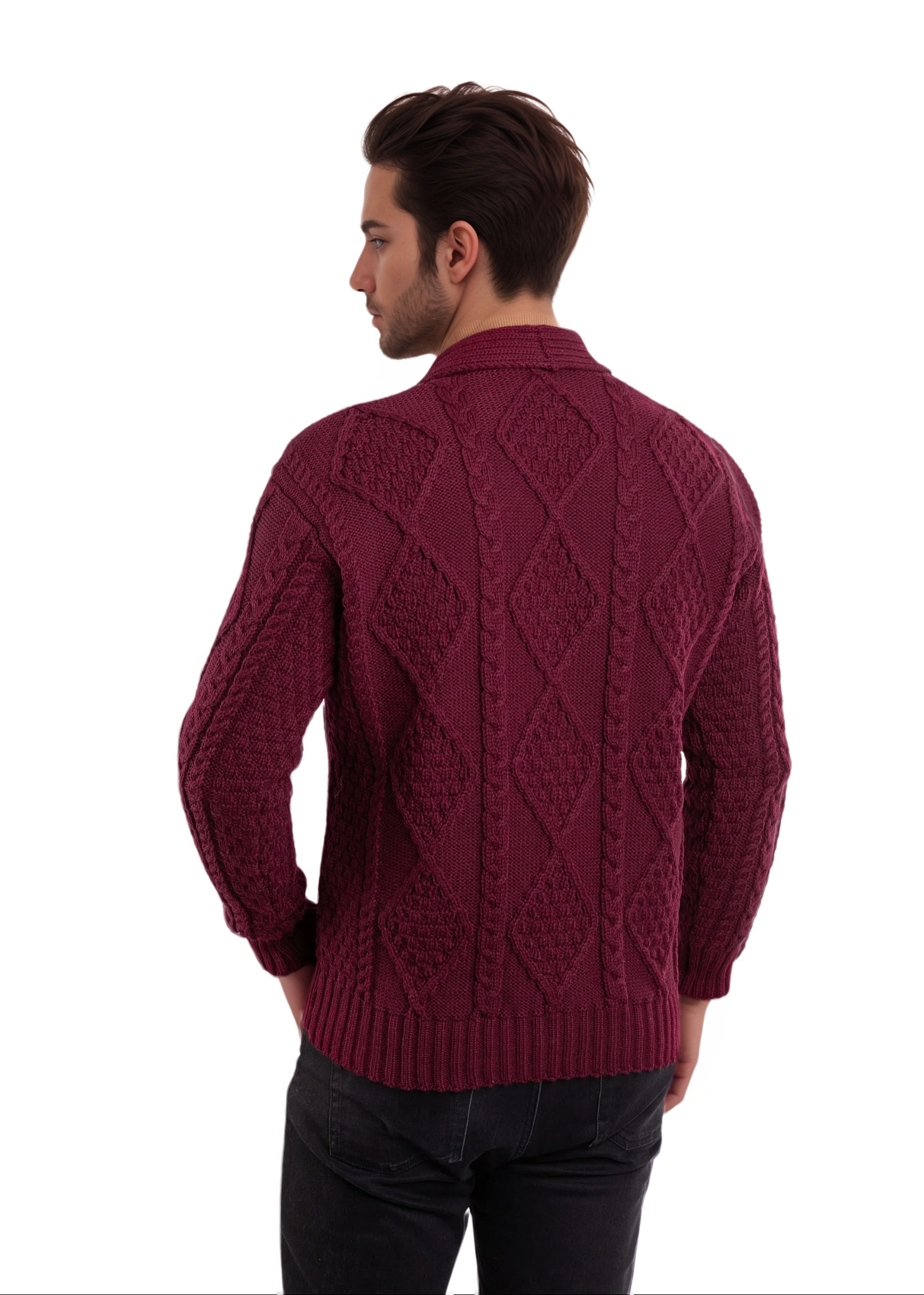 Aran Men's Shawl Button Cardigan | Wine