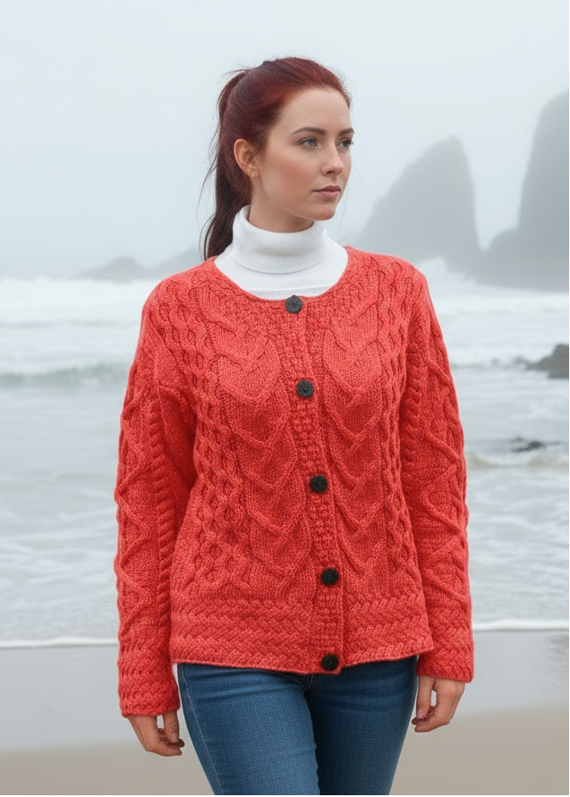 Aran Cable Knit Cardigan | Coral