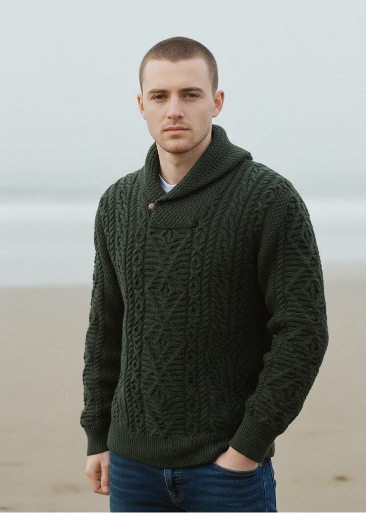 Aran Shawl Neck Sweater | Army Green