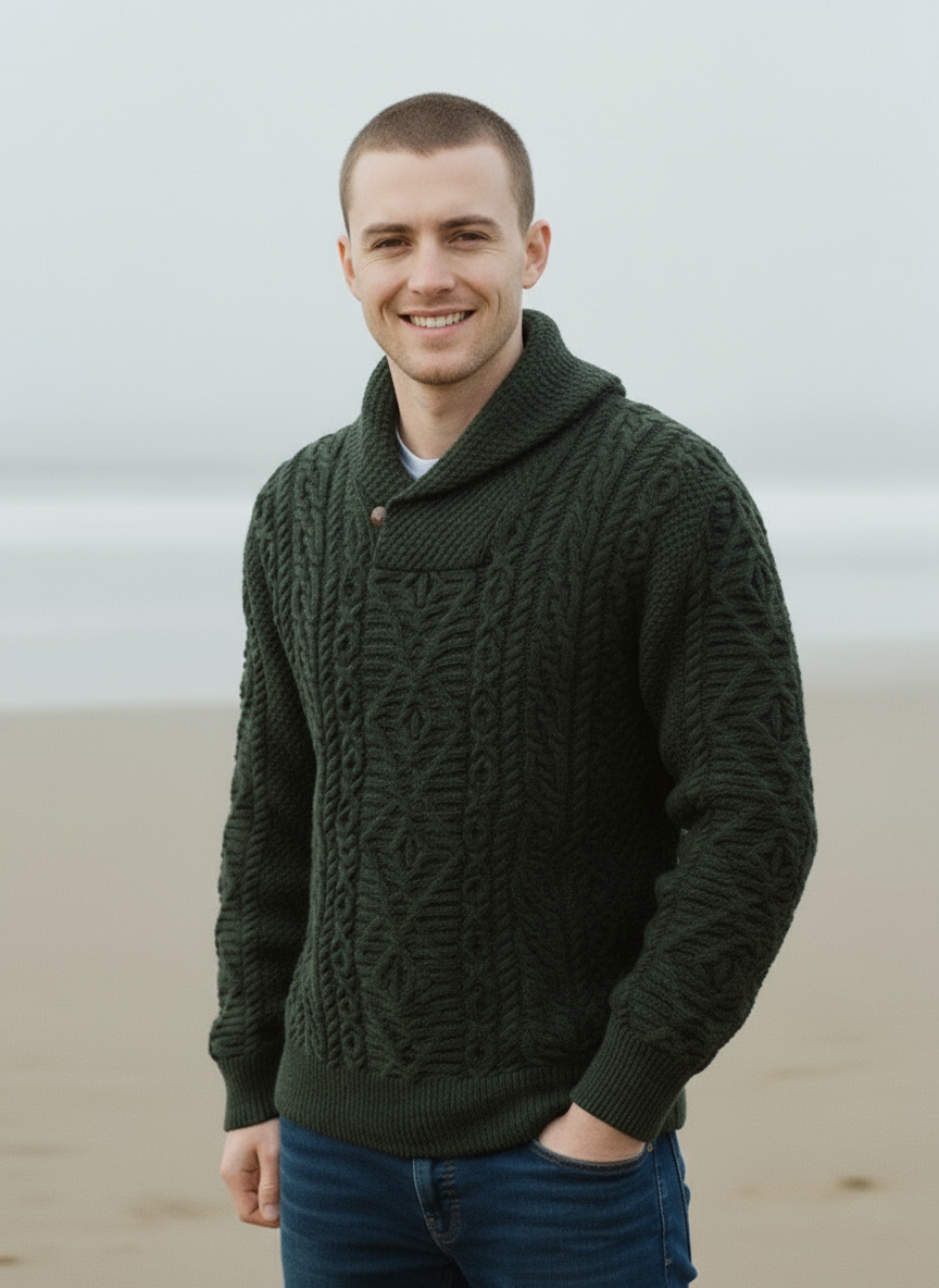 Aran Shawl Neck Sweater | Army Green