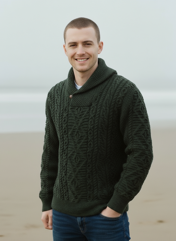 Aran Shawl Neck Sweater | Army Green