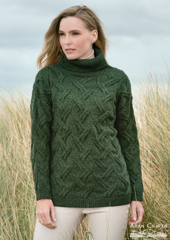Aran Crafts Cable Knit Wool Chunky Sweater - Green