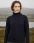 IrelandsEye Women's Polo Neck Aran Sweater | Navy
