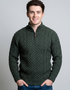 Aran Cable Knit Half Zip Sweater | 100% Merino Wool | Green