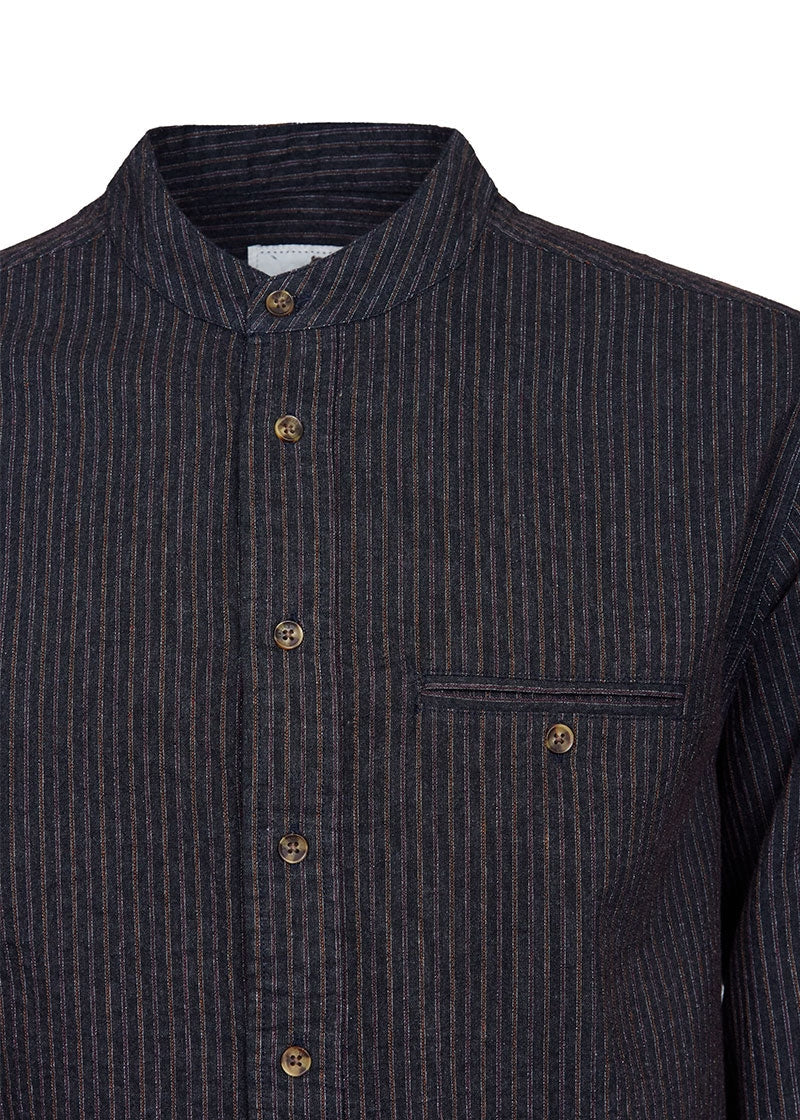 Lee Valley Cotton Grandfather Shirt | Black with Red / Brown Stripe