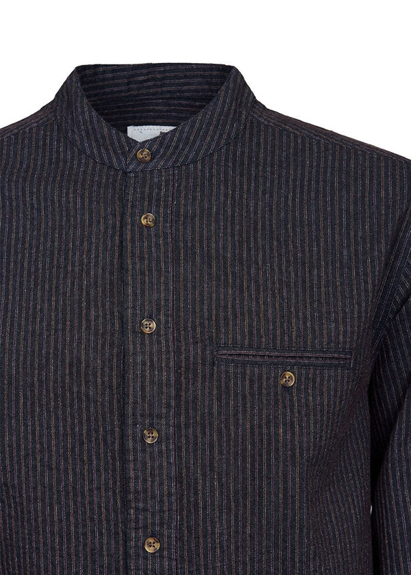 Lee Valley Cotton Grandfather Shirt | Black with Red / Brown Stripe