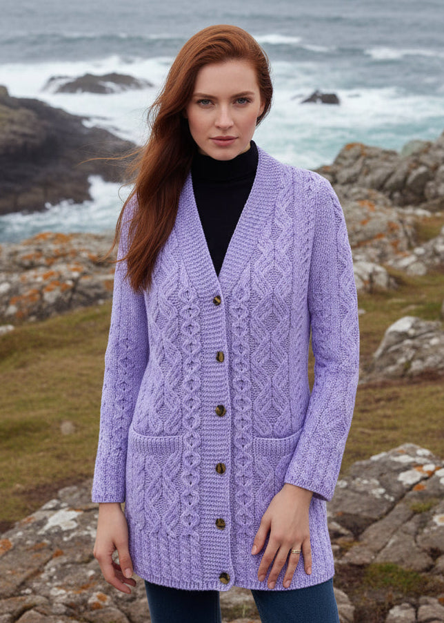 Aran Long Line Cardigan | Lavender