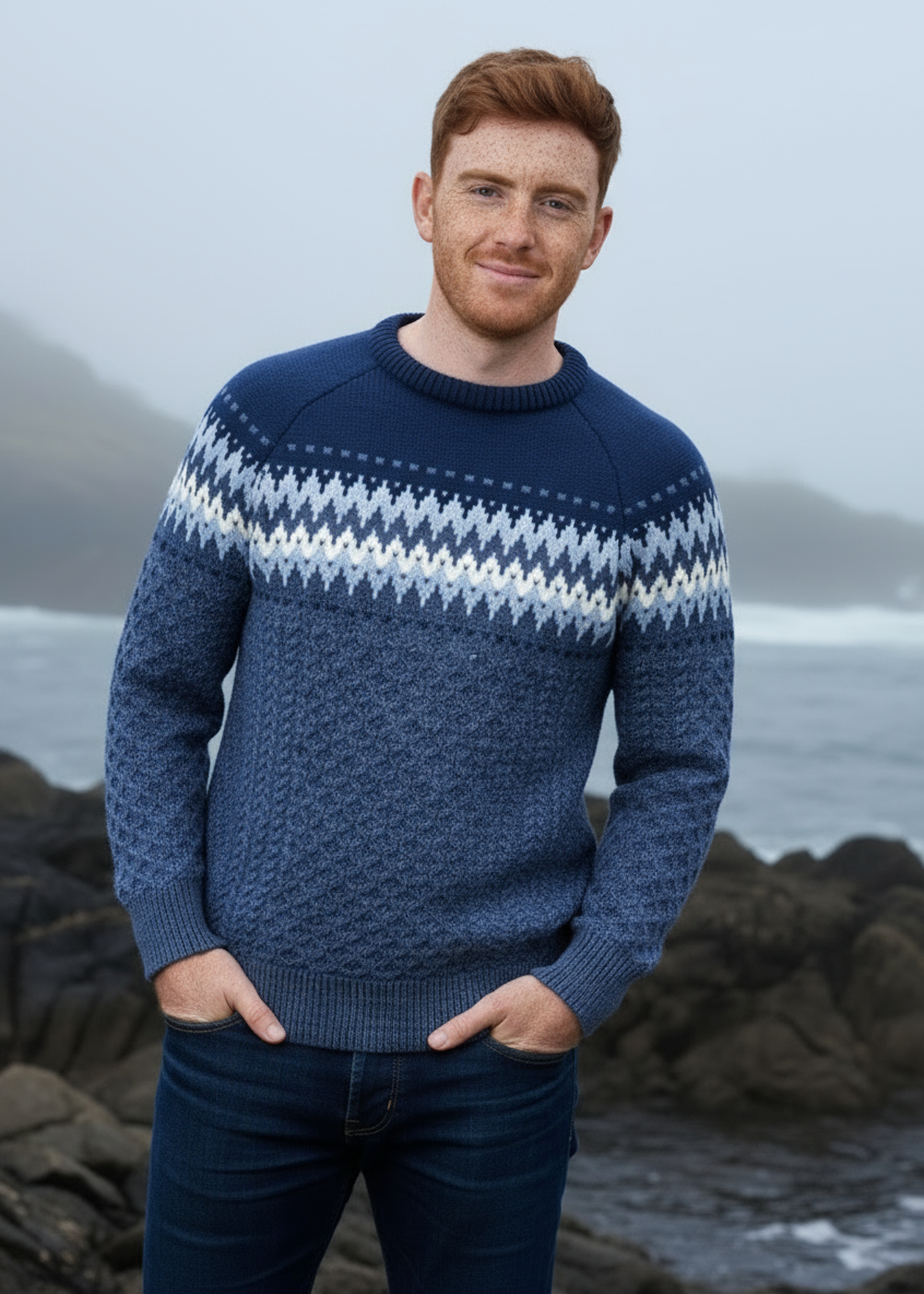 Men's Aran Fairisle Sweater | Denim Marl