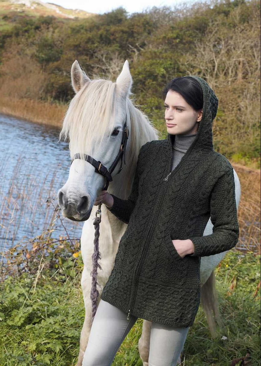 Aran Hooded Celtic Knot Zipper Cardigan | Green