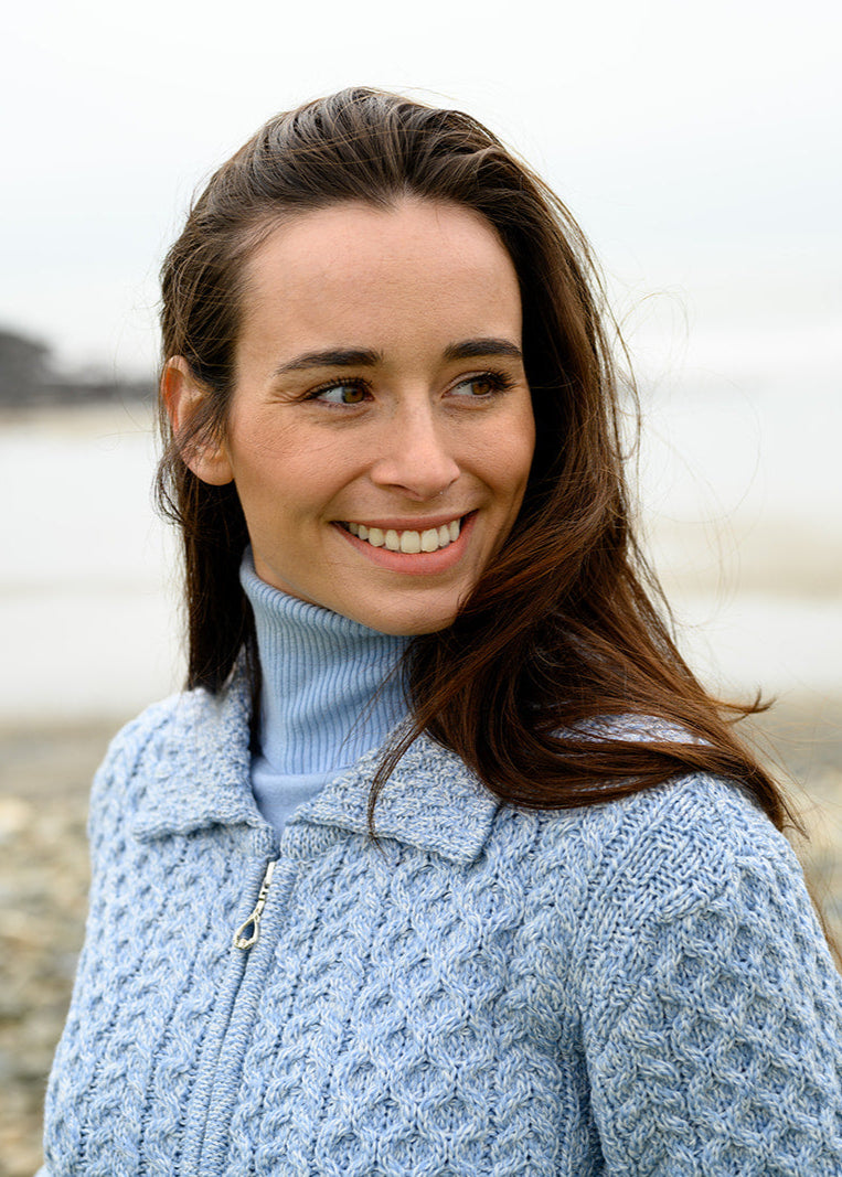 Aran Full Zip Cardigan | Sky Blue