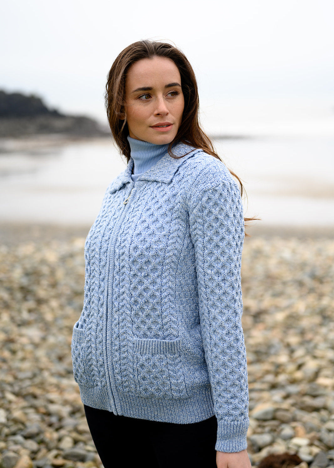 Aran Full Zip Cardigan | Sky Blue