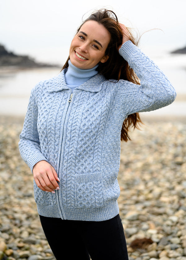 Aran Full Zip Cardigan | Sky Blue