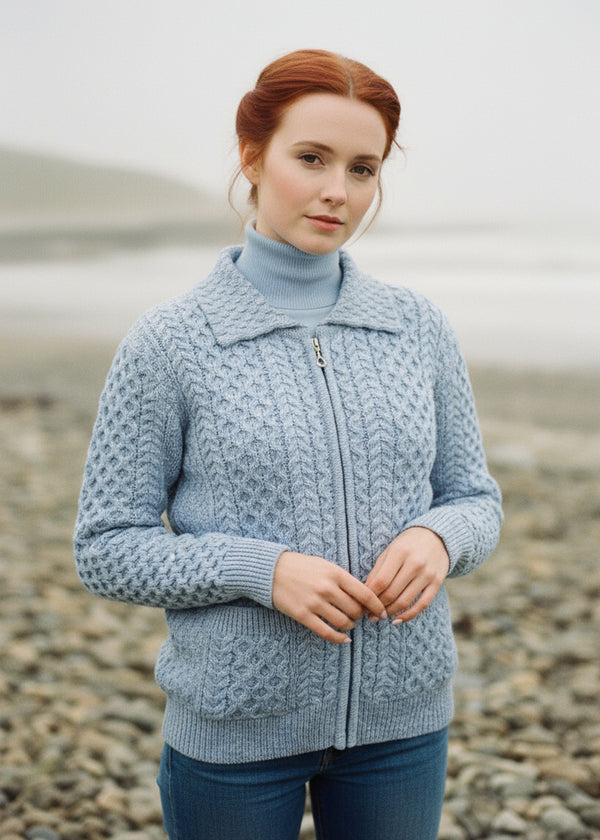Aran Full Zip Cardigan | Sky Blue