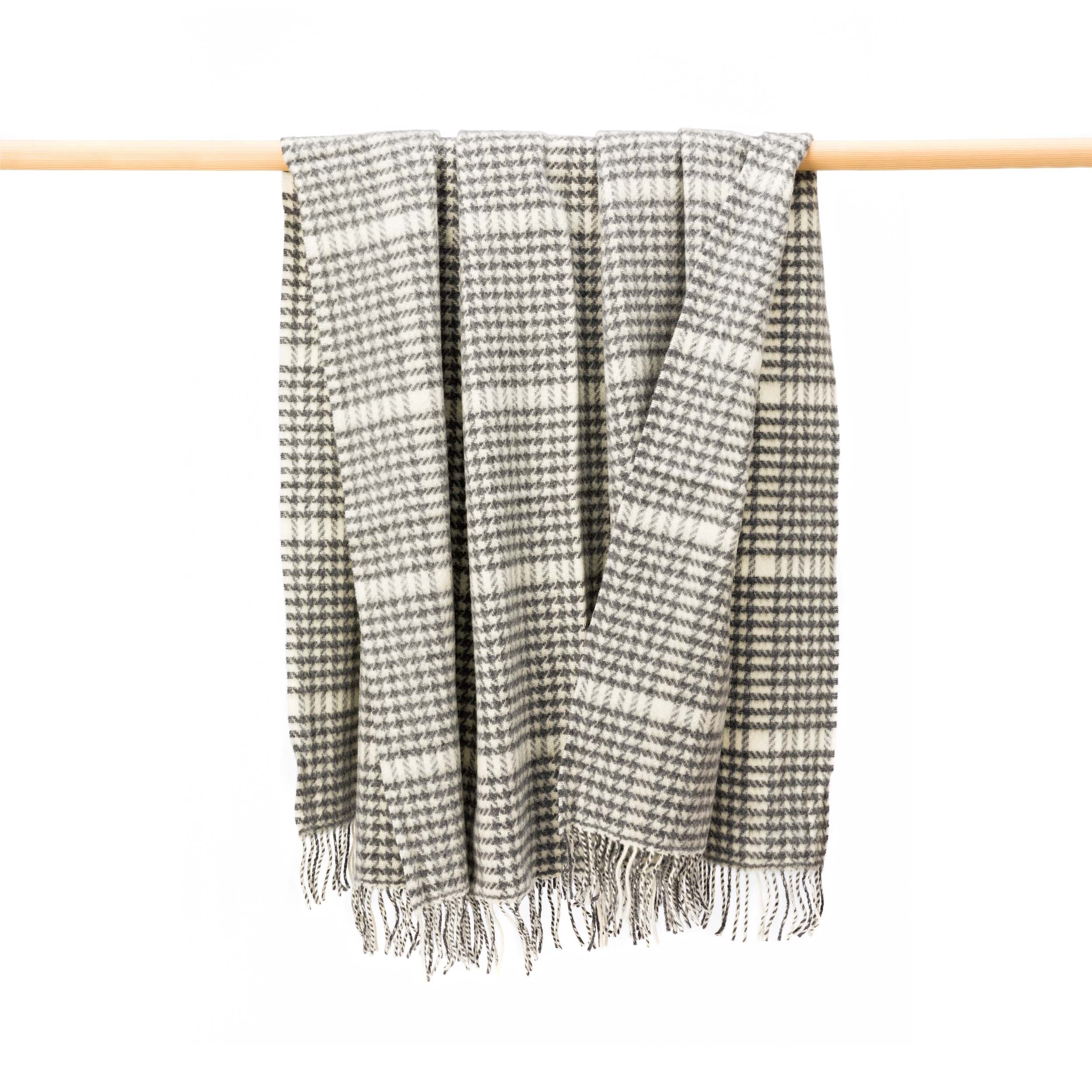 John Hanly Cashmere Throw | Grey White Herringbone Check