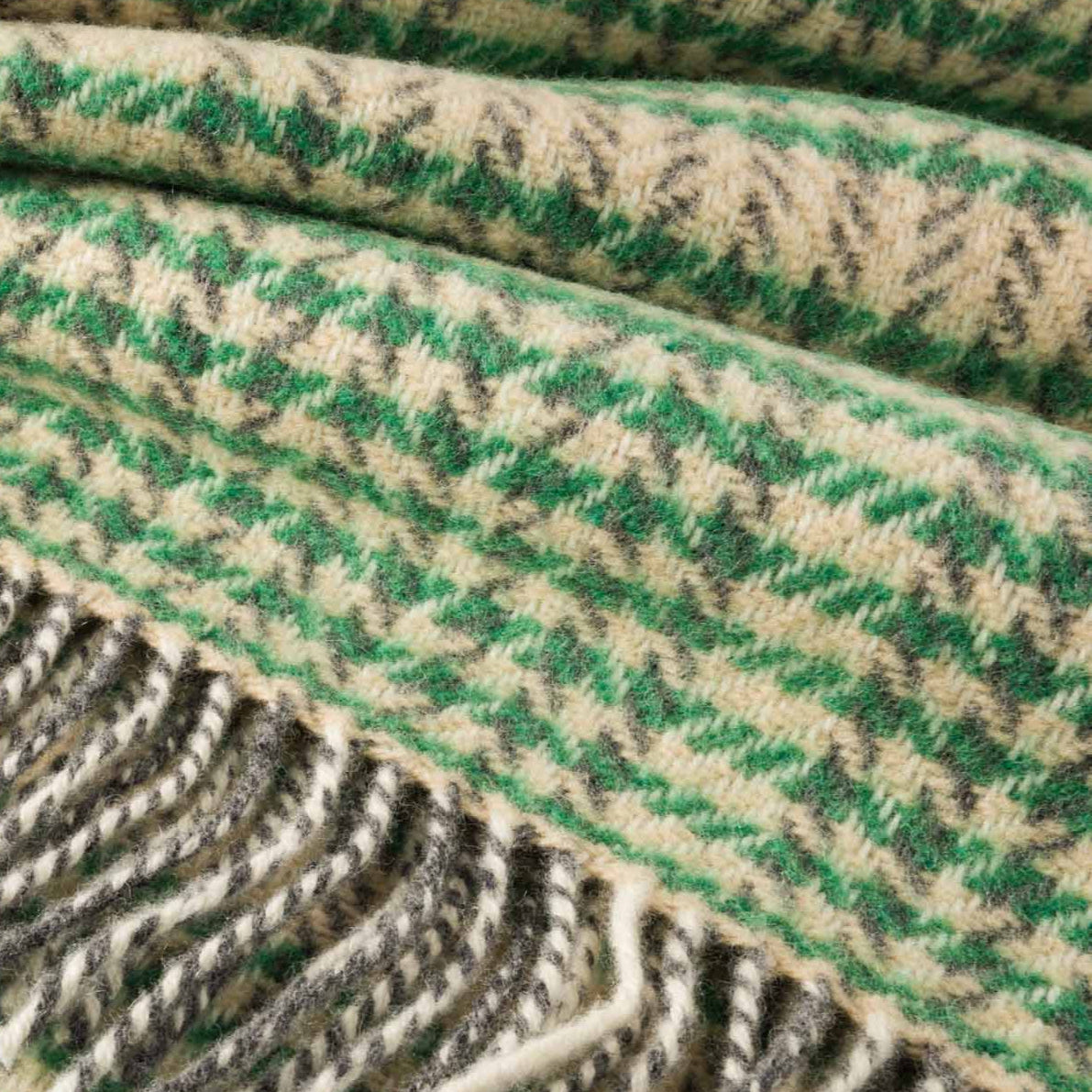 John Hanly Cashmere Throw | Green Cream Herringbone Check