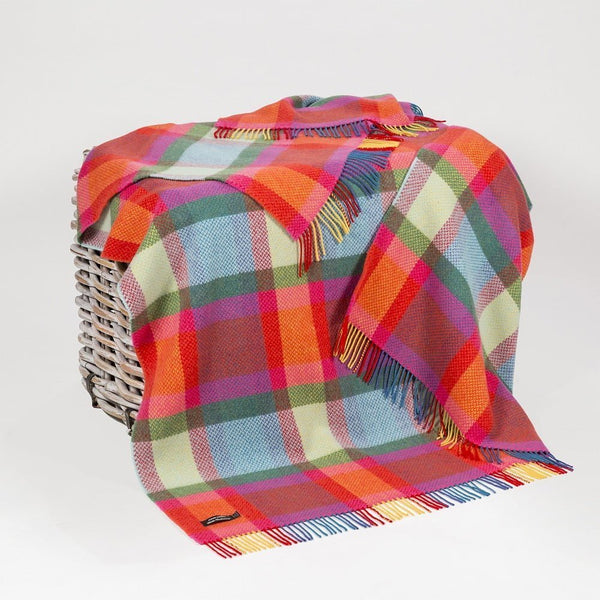 Merino Wool Cashmere Throw Bright Yellow, Pink and Green Check