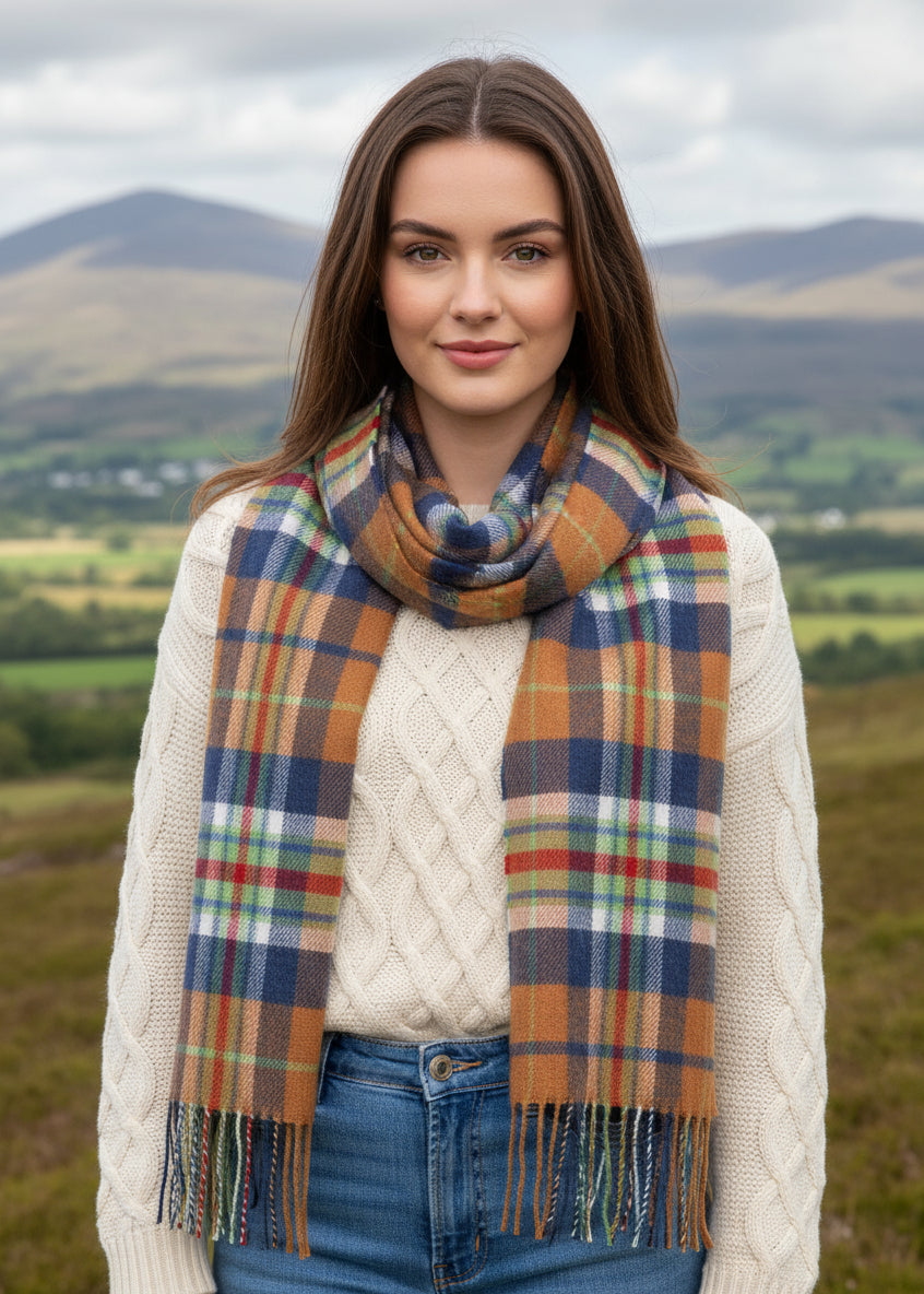 John Hanly Merino Scarf | Orange Navy Check