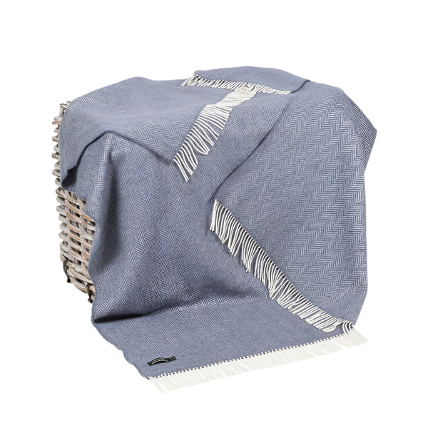 Merino Wool Cashmere Throw Denim Cream Herringbone
