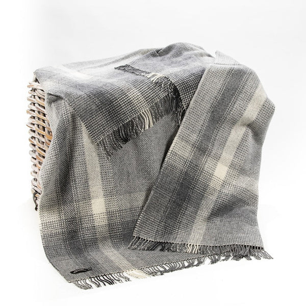 Merino Wool Cashmere Throw Grey Silver Border Check