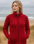 Irish Aran Turtleneck Zip Cardigan Red | 100% Merino Wool Cable Knit