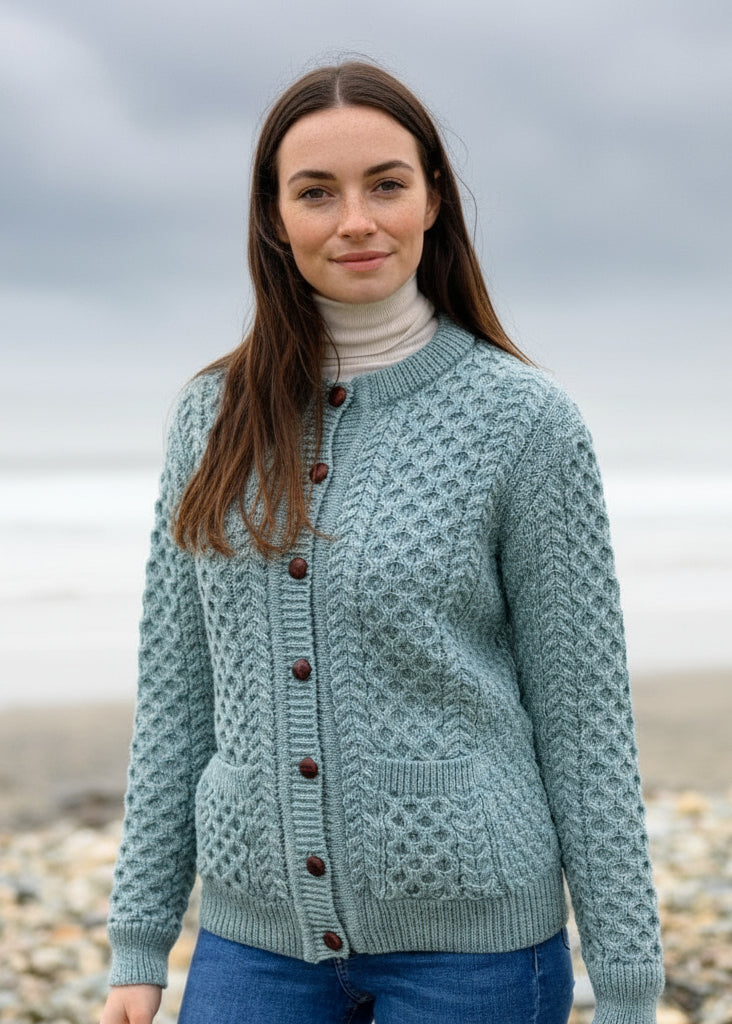 Aran Cable Knit Cardigan | Aqua