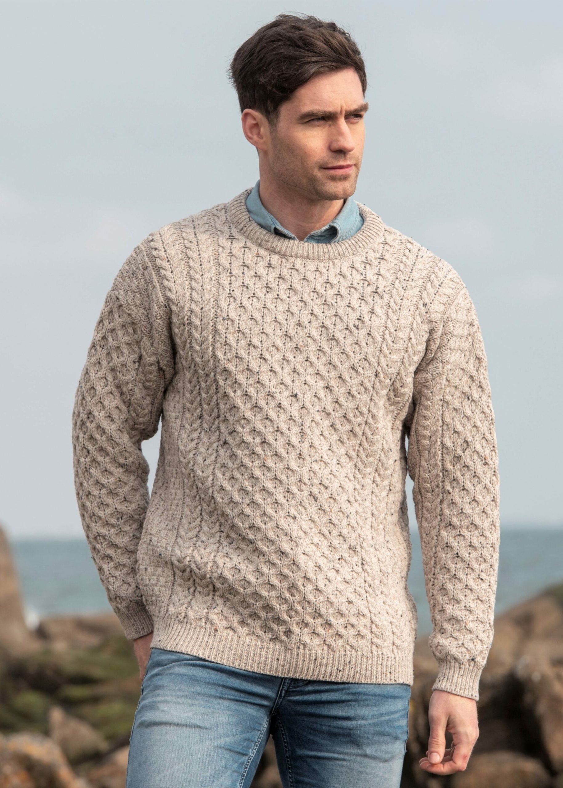 Aran Crew Neck Merino Sweater | Oatmeal