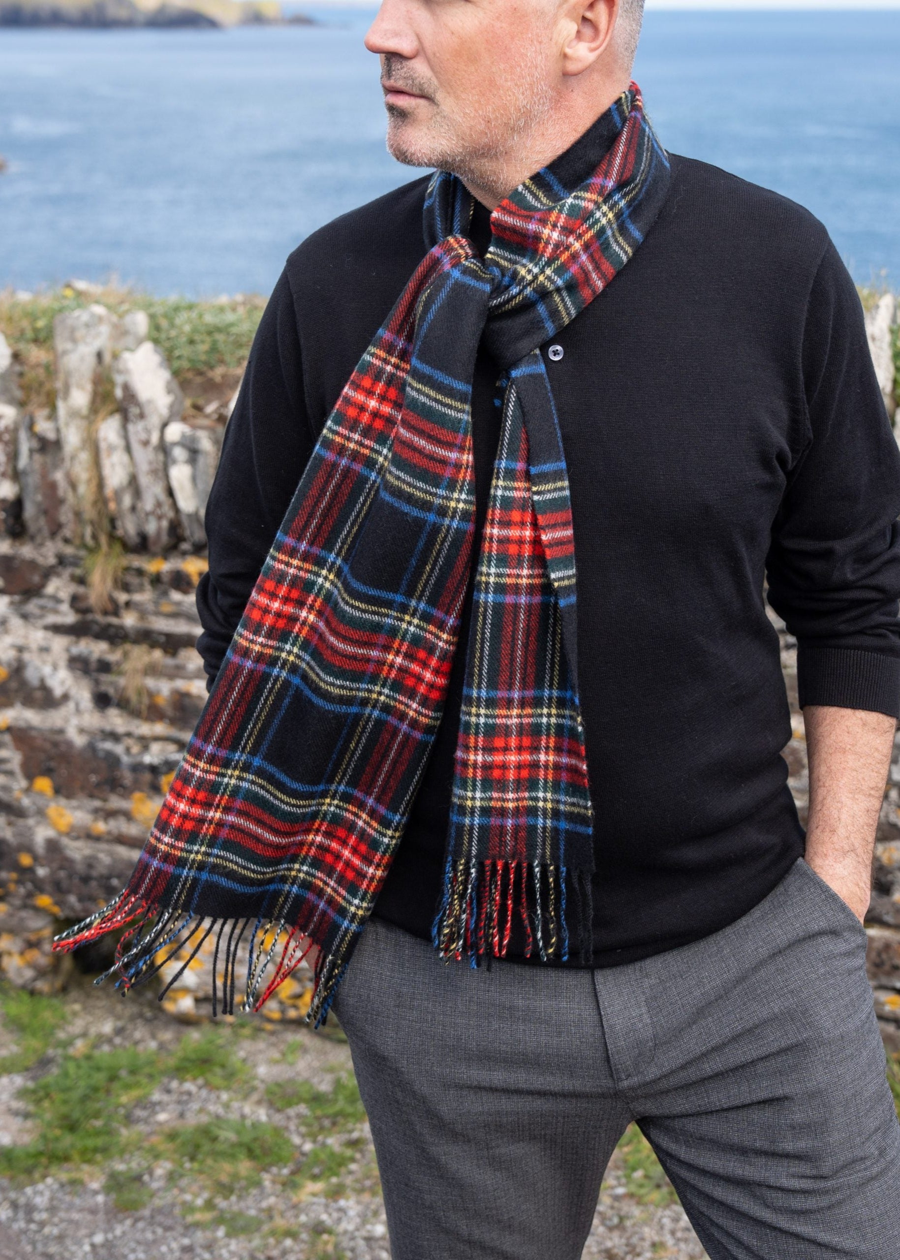 Merino Luxury Wool Scarf Black Stewart Tartan