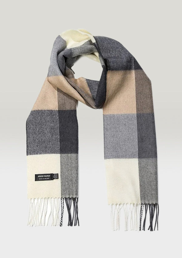 John Hanly Merino Scarf Cream Brown Check
