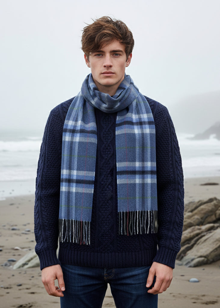 Merino Luxury Wool Scarf Denim Grey Plaid