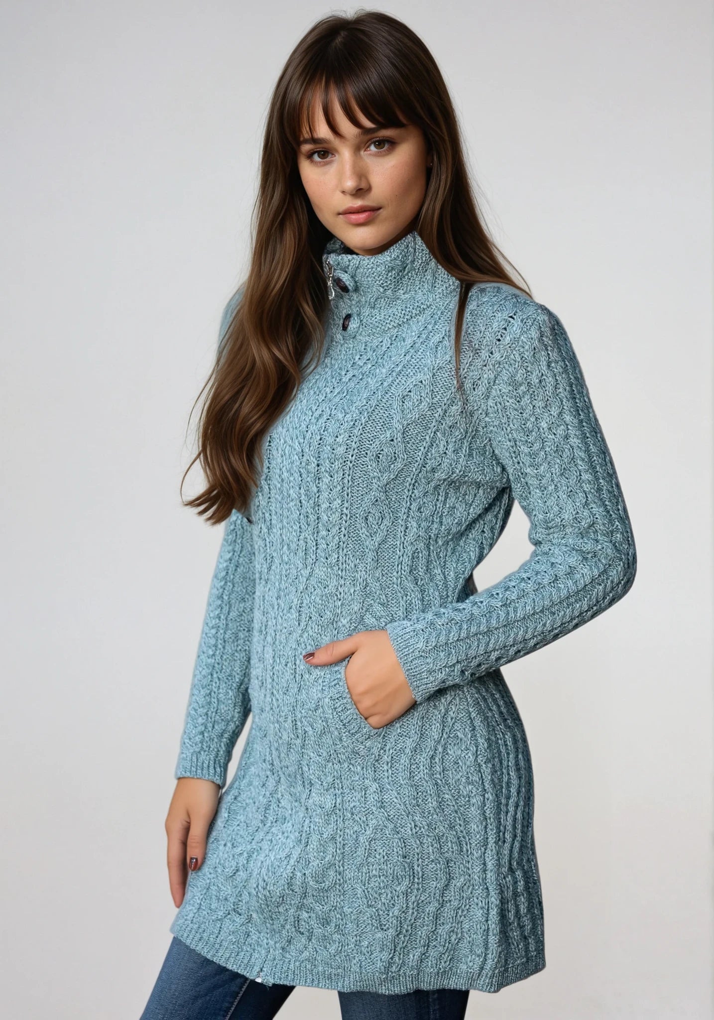Aran Long Fitted Coat | Aqua