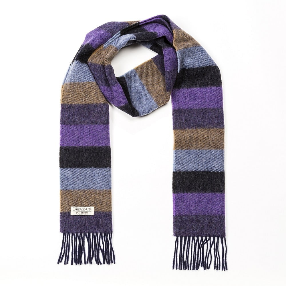 Irish Wool Scarf Long Purple Charcoal Blue Tan Stripe