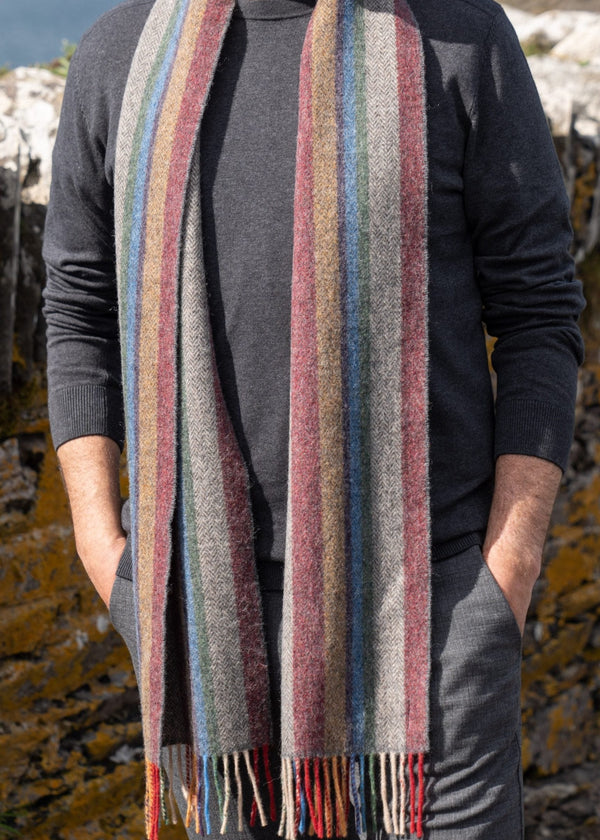 John Hanly Lambswool Scarf | Red Mustard Stripe