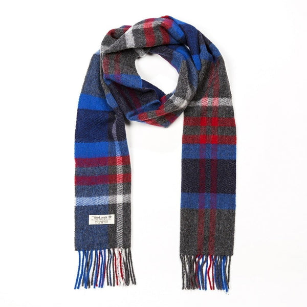 Irish Wool Scarf Long Charcoal Blue Red Check