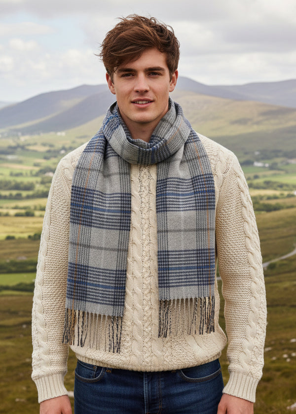 Merino Luxury Wool Scarf Silver Navy Glen Check