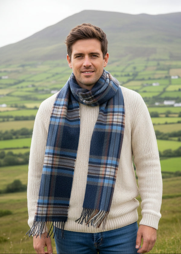 John Hanly Lambswool Scarf | Navy Orange Check