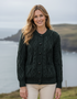 Inagh Ladies Aran Cardigan | Army Green | 100% Worsted Wool