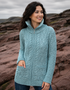 Aran Merino Wool Claddagh Zip Cardigan | Aqua