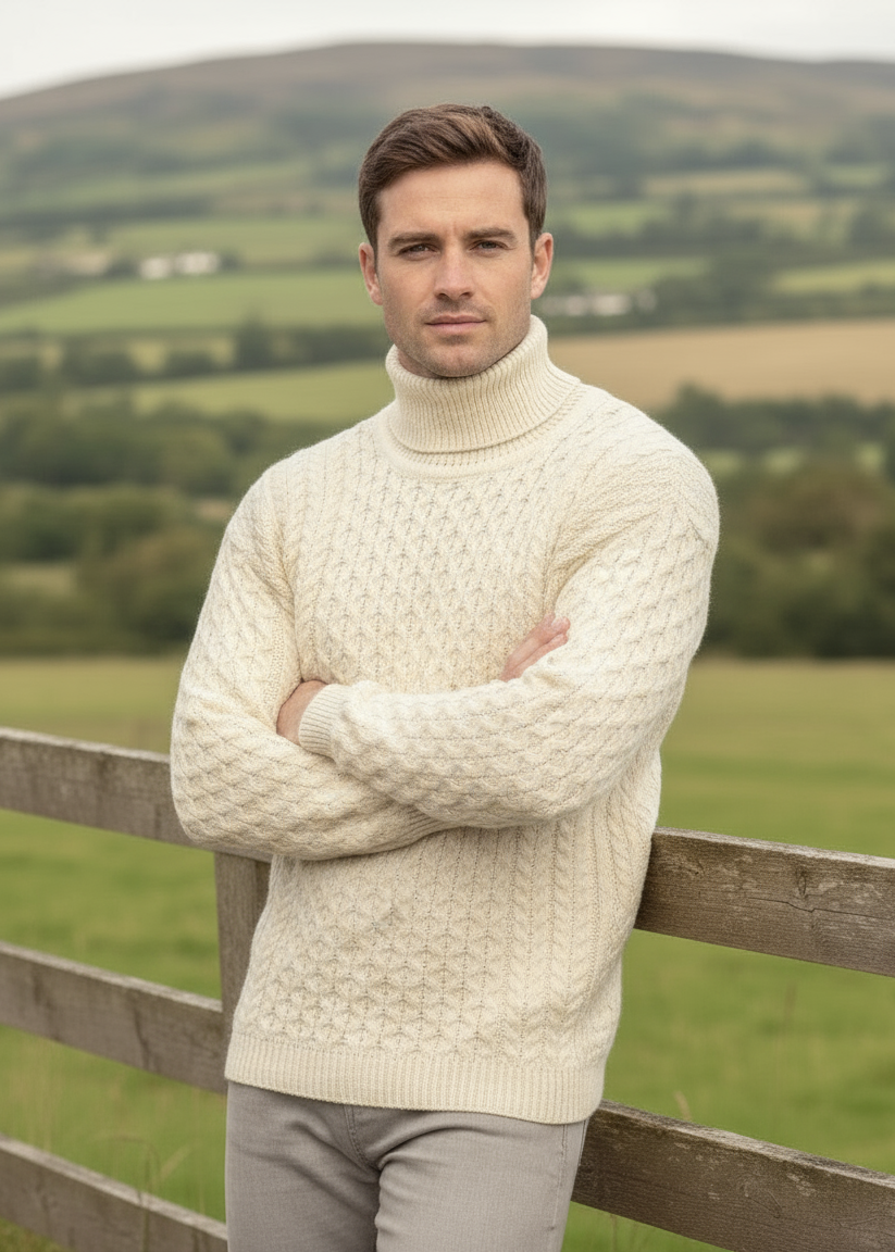 Aran Merino Polo Neck Sweater | Natural