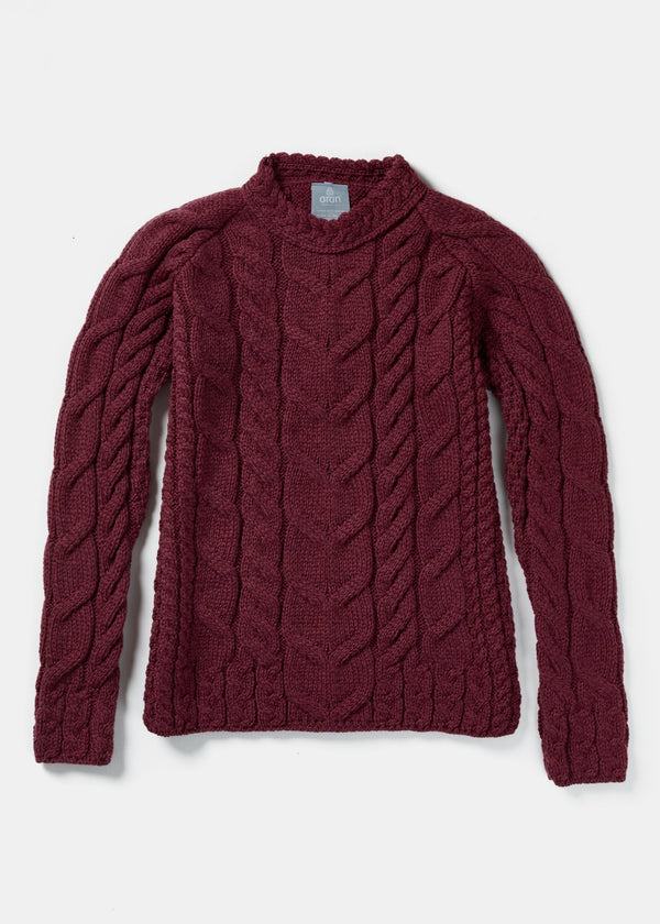 Listowel Ladies Aran Cabled Sweater | Raspberry