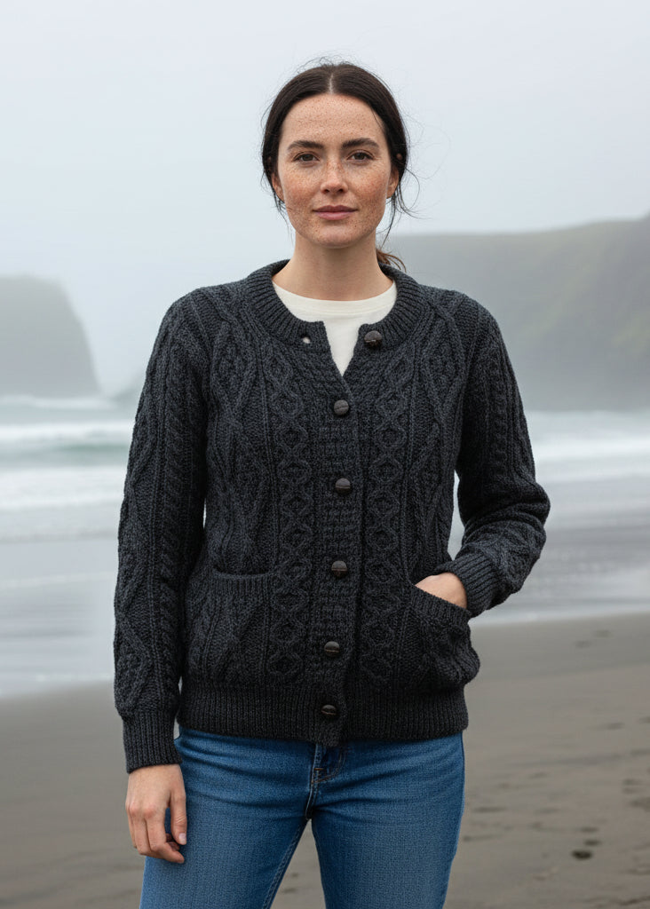 Inagh Ladies Aran Cardigan | Charcoal